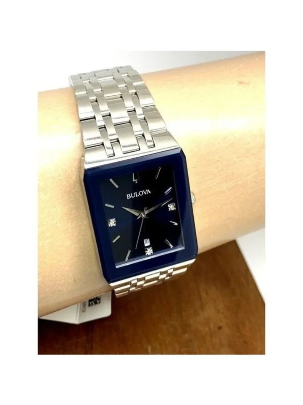 Bulova Men's Watch 96D139 Blue Dial Diamond Accent Rectangle Date Silver Steel